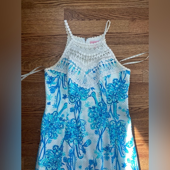 Lilly Pulitzer Pearl Lace Crochet Halter Neck Shift Resort White Blue Dress - Picture 4 of 11